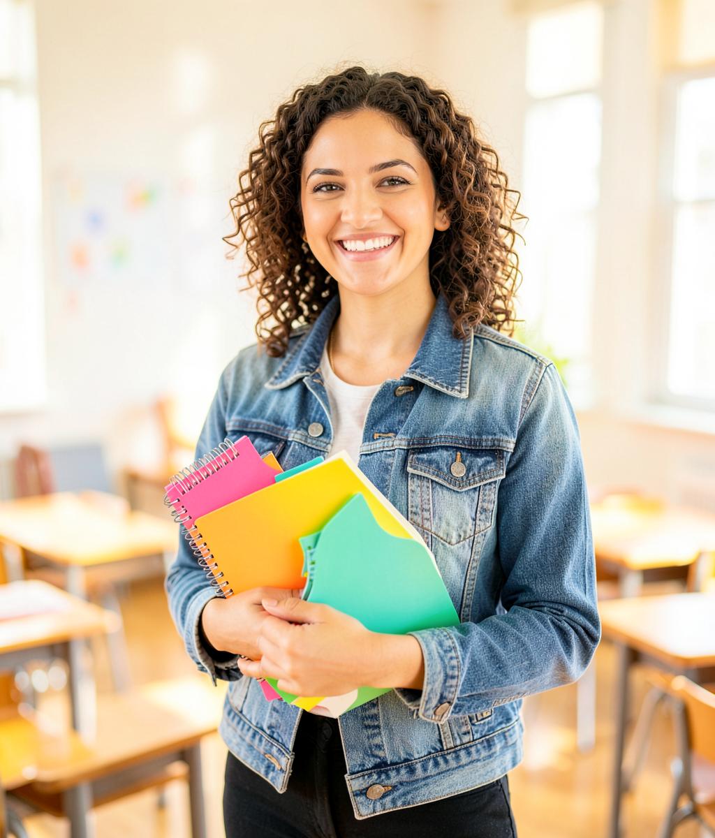 Confident future teacher holding colorful notebooks in a classroom